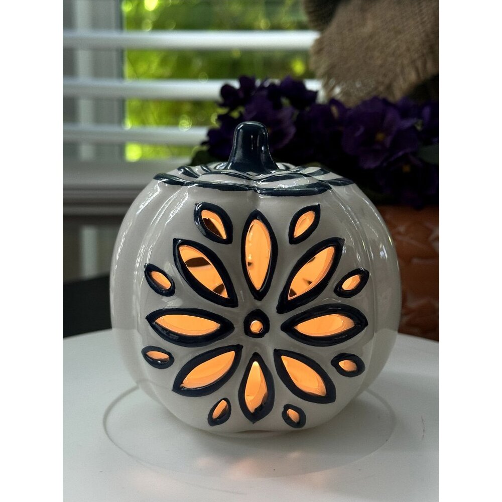 Blue & White Ceramic Laser Cut LED Light Up Pumpkin